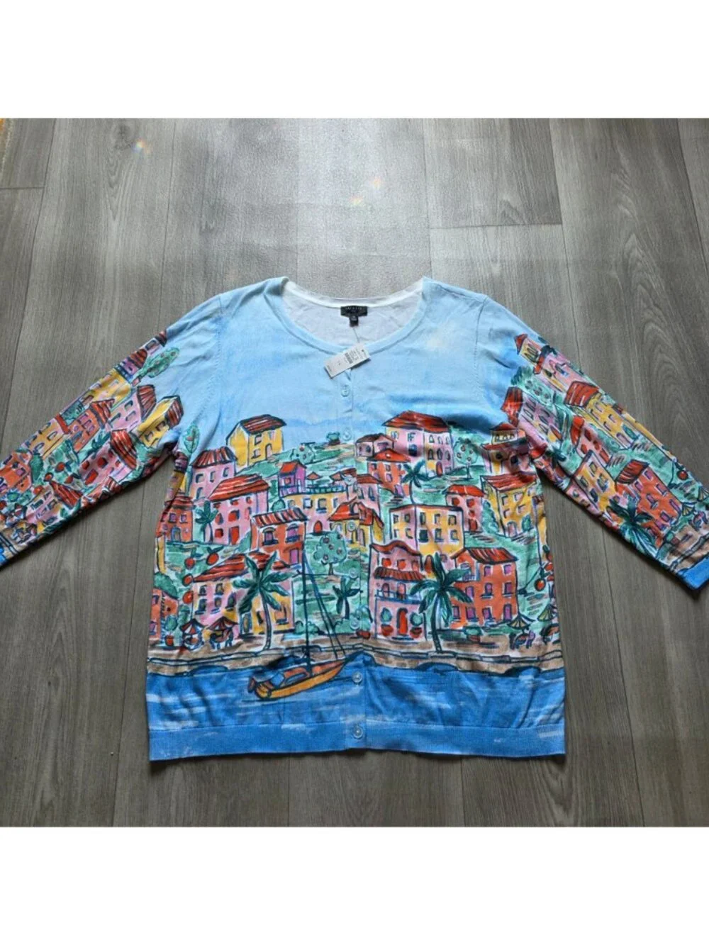 Talbots 1X Button-Front Cardigan Colorful Coastal Village Print Plus Size NWT